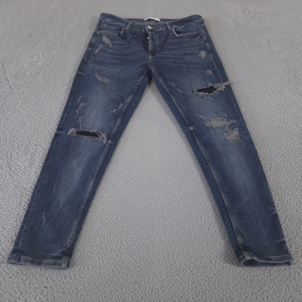 Zara Jeans Mens 36x30 Blue Slim Distressed Ripped Button Fly Stretch Denim NEW
